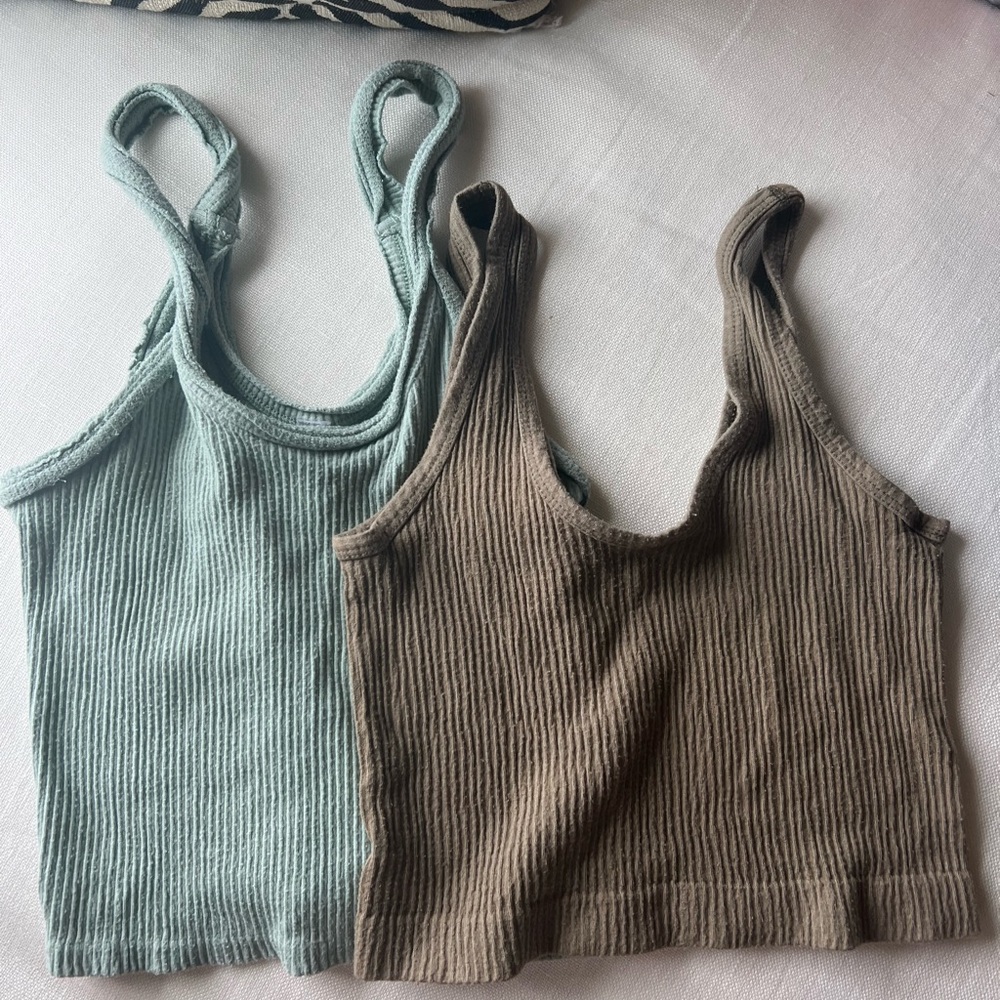Ribbed Knit Tank Top Set - Green and Brown
